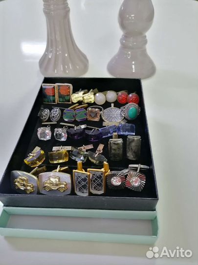 Запонки серебро СССР, камни, стекло, пластик