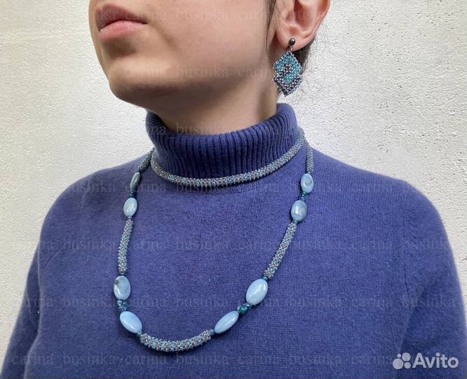 Синий комплект колье серьги ожерелье длинное