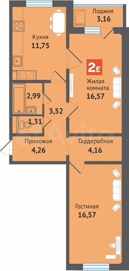 2-к. квартира, 64,3 м², 16/16 эт.