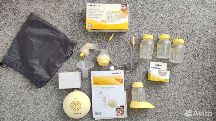 Молокоотсос medela, 3 контейнера, соски, пакеты