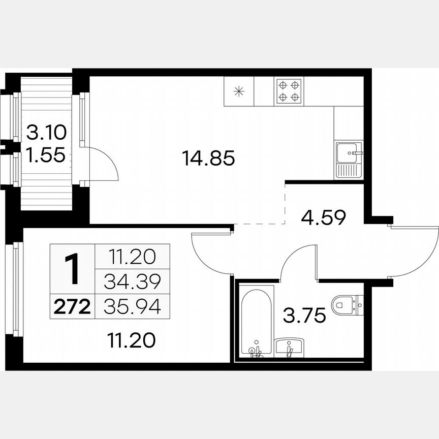 1-к. квартира, 35,9 м², 14/15 эт.