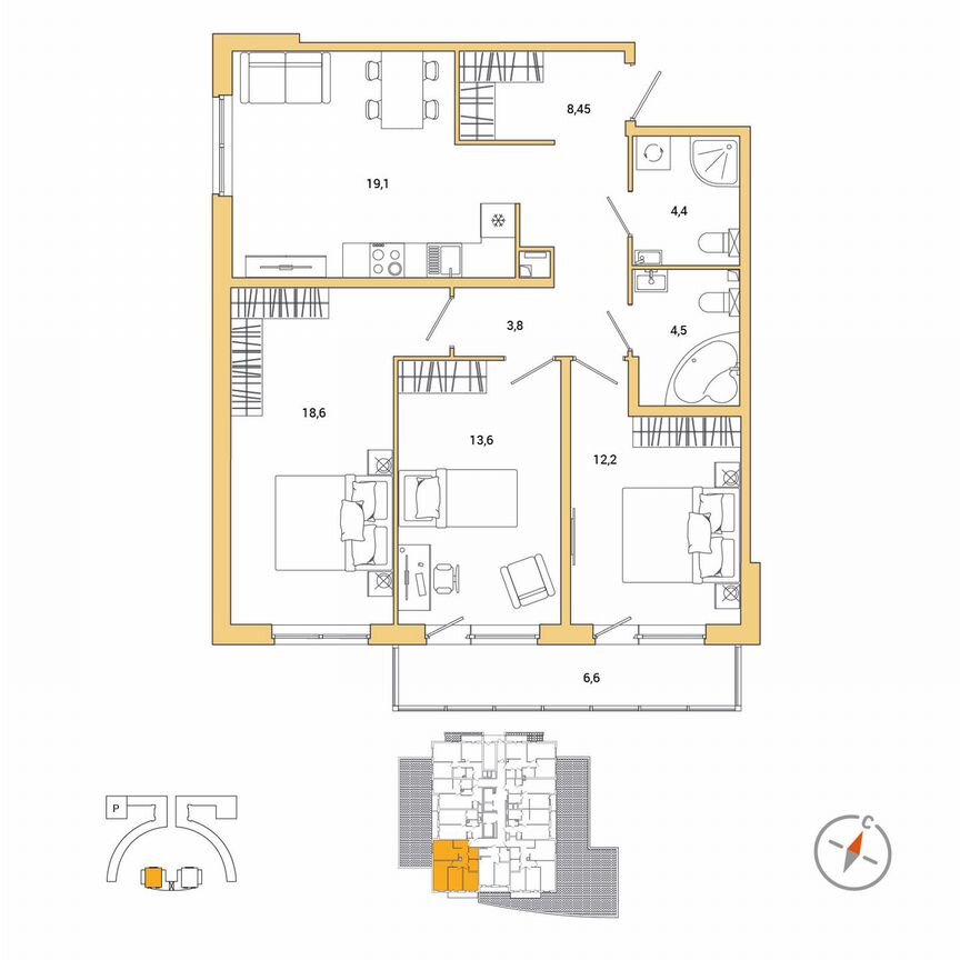 3-к. квартира, 86,6 м², 2/25 эт.