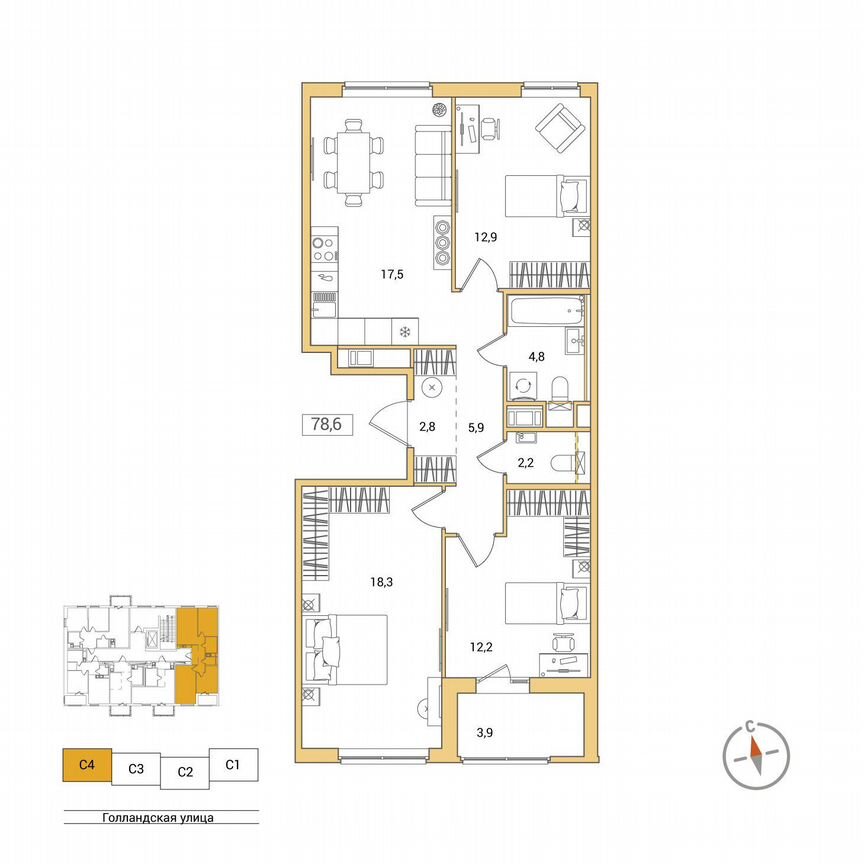 3-к. квартира, 78,6 м², 7/11 эт.