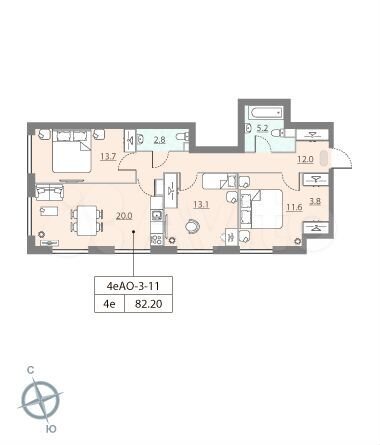 3-к. квартира, 82,2 м², 11/15 эт.