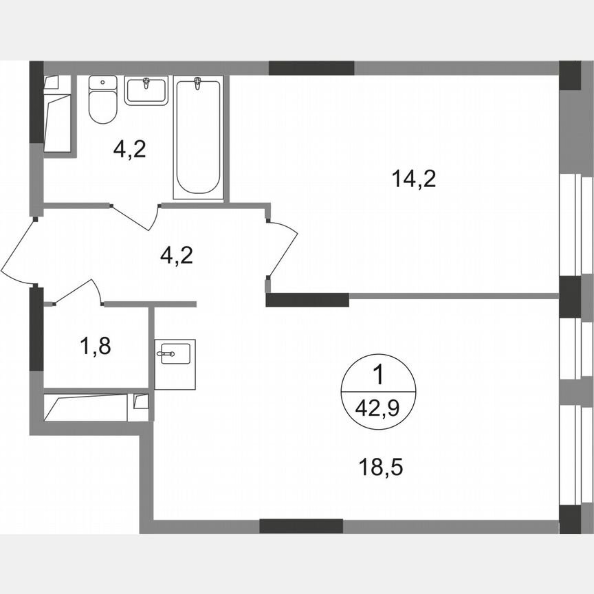 1-к. квартира, 42,9 м², 16/19 эт.