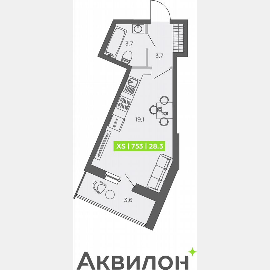 Квартира-студия, 28,3 м², 1/13 эт.