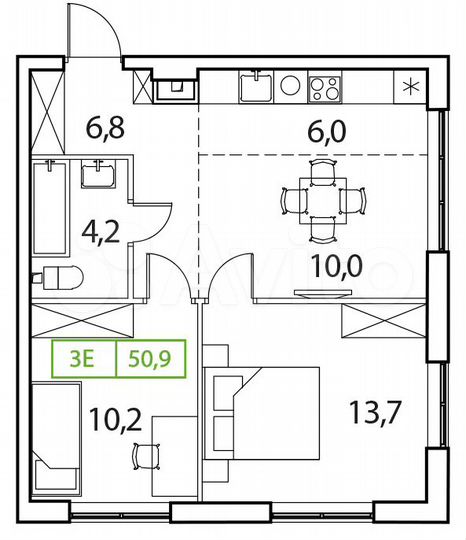 3-к. квартира, 50,9 м², 8/17 эт.