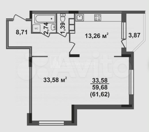 1-к. квартира, 61,6 м², 14/17 эт.