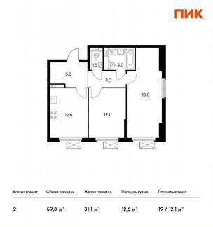 2-к квартира, 59.3 м², 2/17 эт.