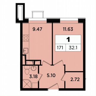 1-к апартаменты, 32.1 м², 13/18 эт.