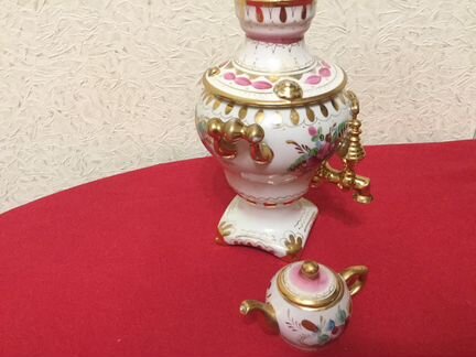 Самовар с чайником Гжель розовый с золотом