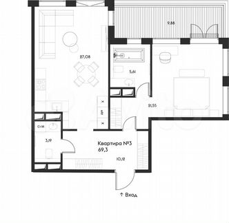1-к квартира, 69.3 м², 3/17 эт.